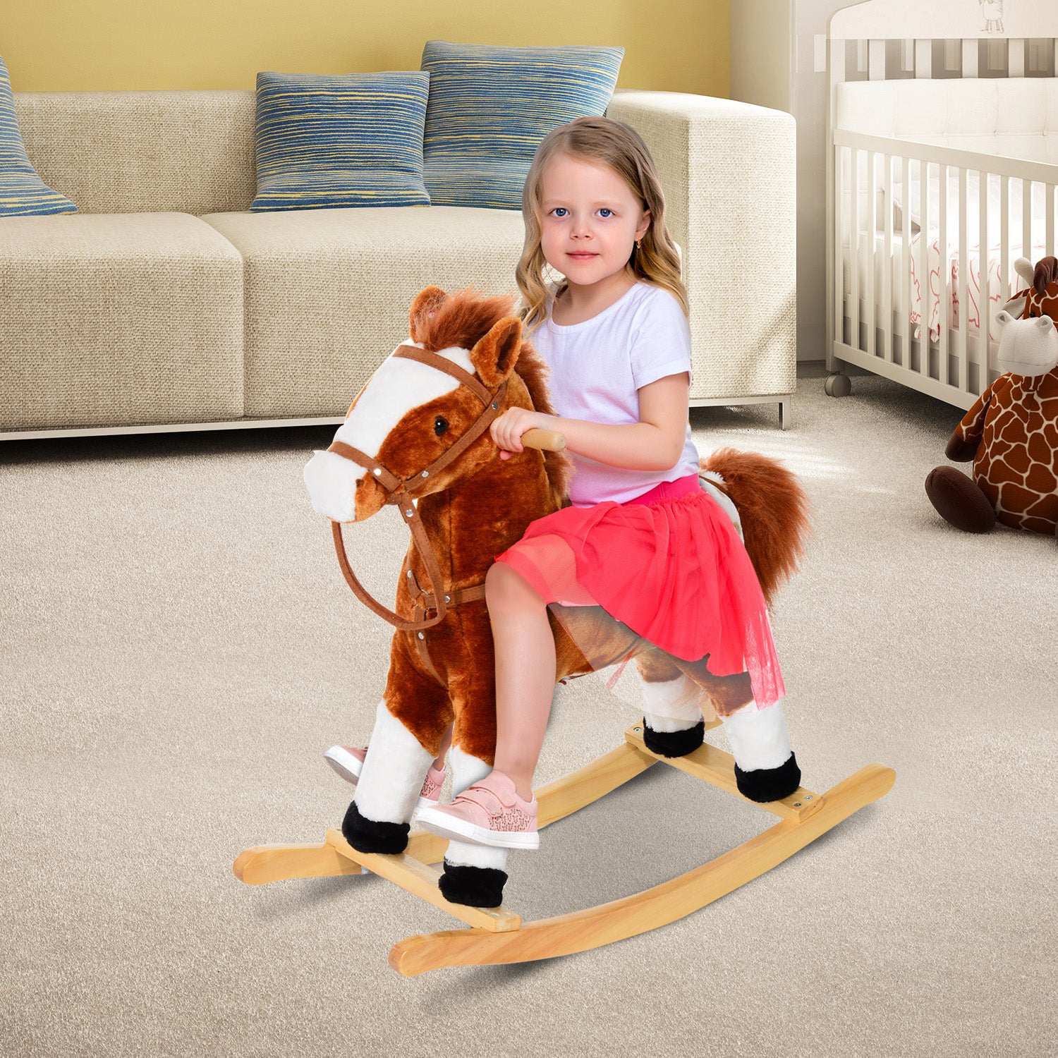 HOMCOM Baby Rocking Horse Plush Ride on Animals Rocker with Sound Handle Grip for kids 3-6 years - Brown 