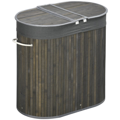 HOMCOM Bamboo Laundry Basket with Lid, 100 Litres Laundry Hamper with 2 Sections, Removable Washable Lining, Washing Baskets, 62.5 x 37 x 60.5cm, Grey 