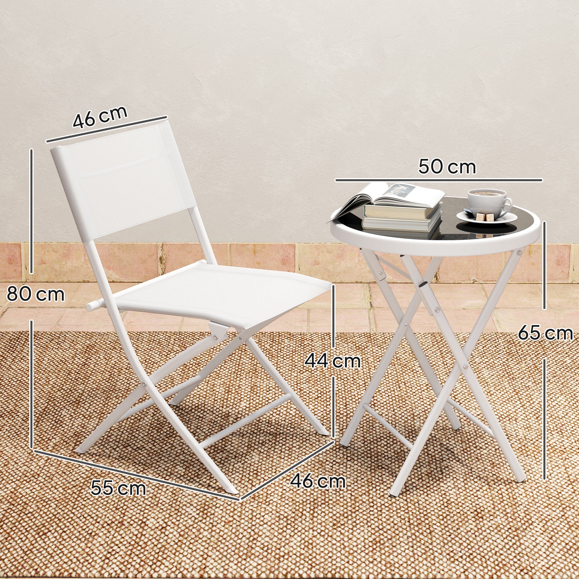 Outsunny 3 Pieces Outdoor Bistro Set, Glass Top Outdoor Table and 2 Folding Chairs with Protecting Feet, White 