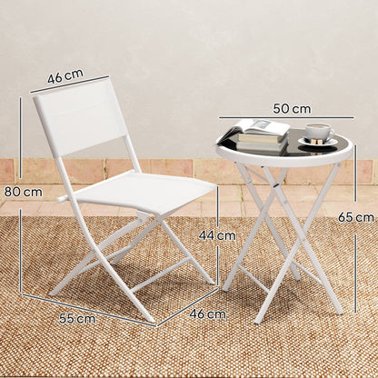 Outsunny 3 Pieces Outdoor Bistro Set, Glass Top Outdoor Table and 2 Folding Chairs with Protecting Feet, White 