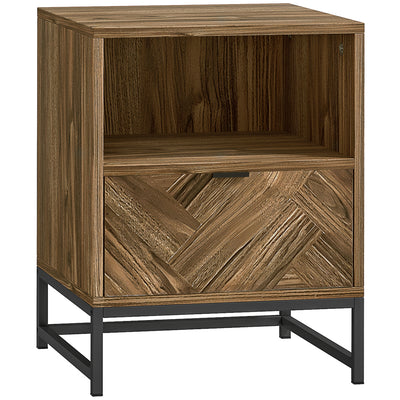 HOMCOM Bedside Table with Drawer and Shelf, Side End Table with Steel Legs for Living Room, Bedroom, Brown Wood Effect 