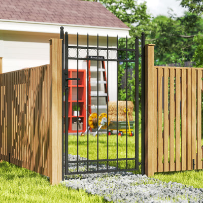 Outsunny Galvanised Steel Garden Gate, Outdoor Fence Gate Security Barrier with Lock, Keys and Handle, Outdoor Entrance Way Door with Classic Finials, 105 x 204 cm, Black 