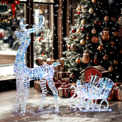 Outsunny Lighted Christmas Reindeer with Sleigh, Outdoor Yard Reindeer with 170 Warm White LED Lights, Holiday Decor with Stakes, Waterproof, Silver 