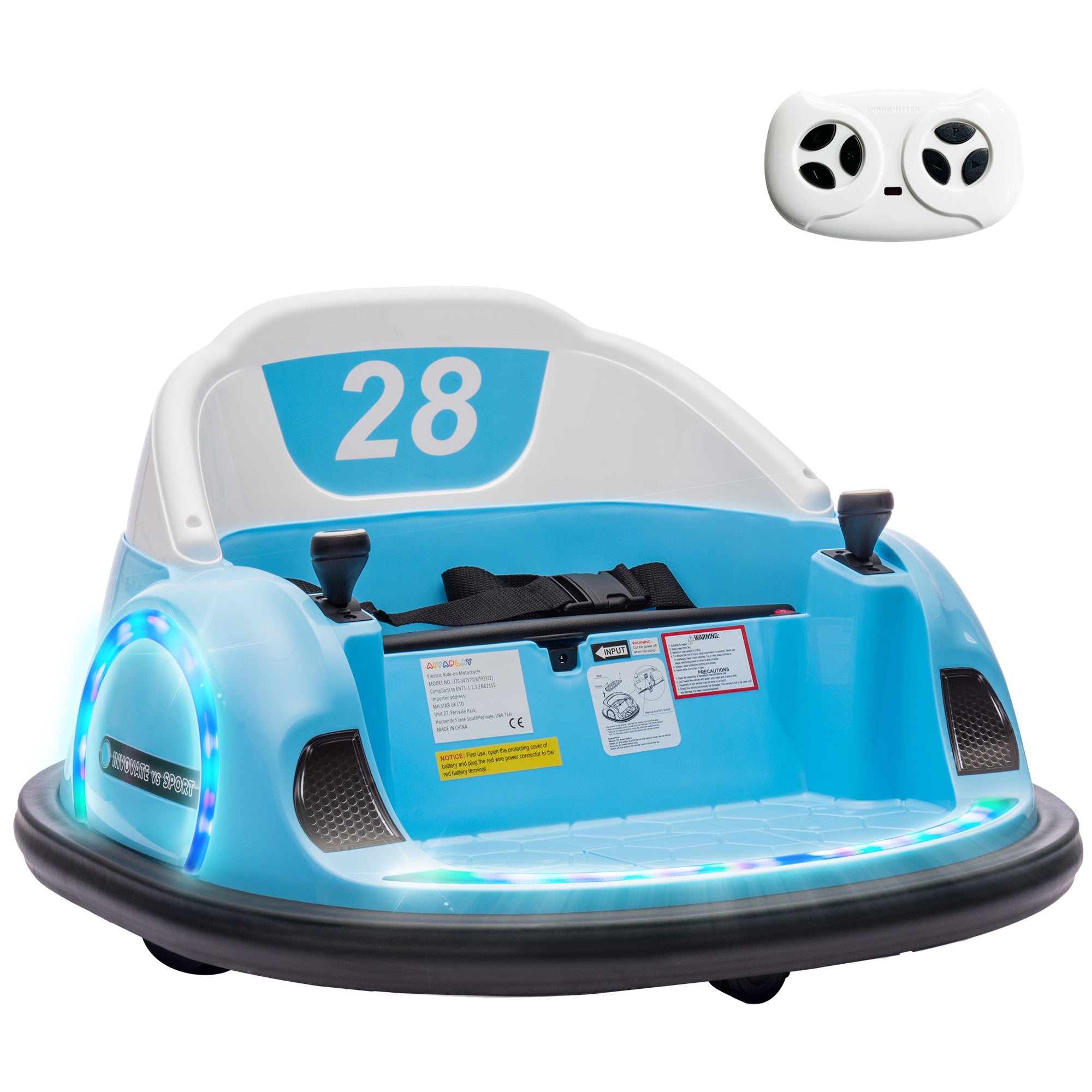 AIYAPLAY 360\'c2\'b0 Rotation Kids Bumper Car, 12V Waltz Car with Remote Control, Dual Joystick, Music, Lights, Light Blue