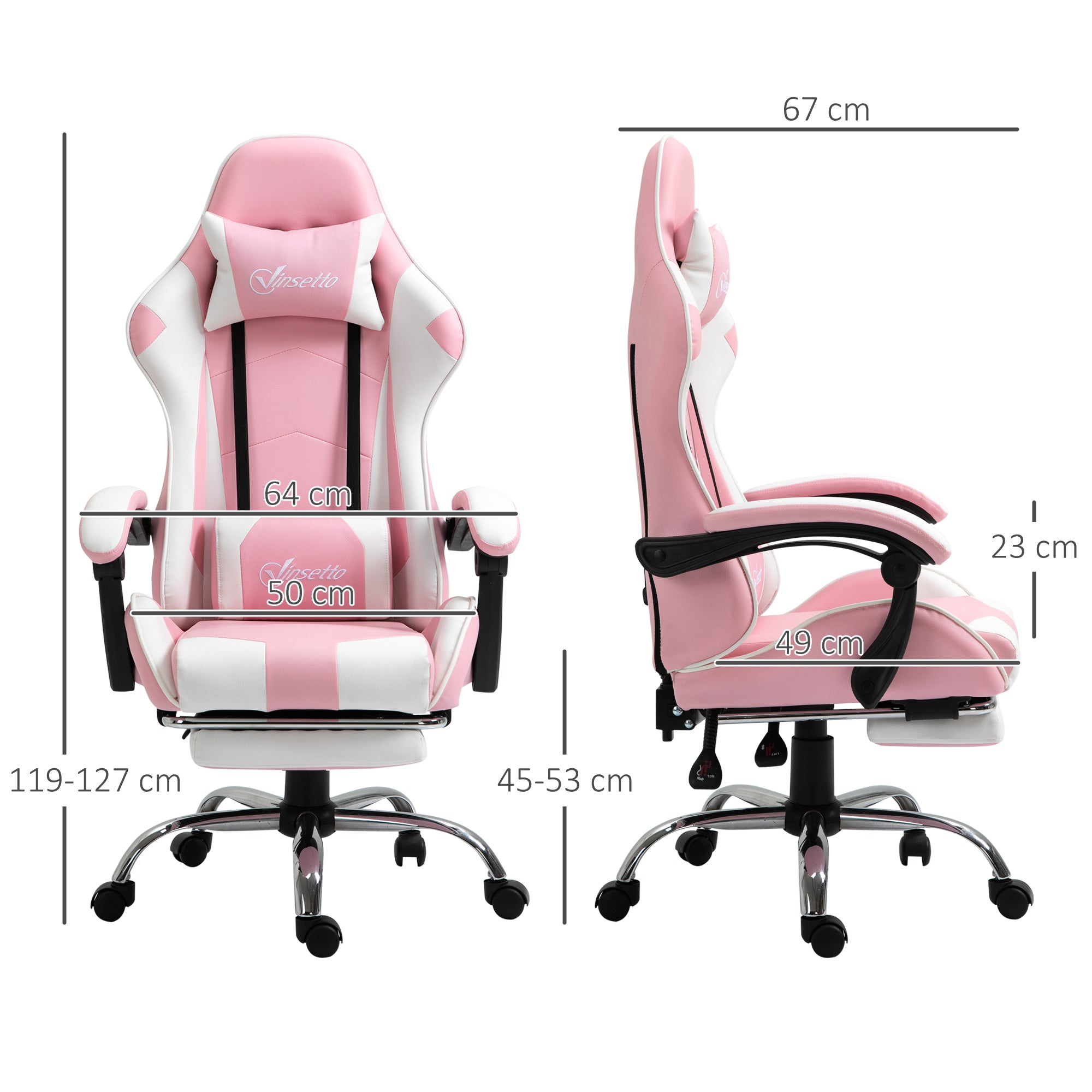Vinsetto Pink Computer Gaming Chair, Desk Chair with 135\'c2\'b0 Reclining Back and Retractable Footrest, Adjustable PU Leather Lumbar Support and Headrest, Steel Base for Adults, Girls