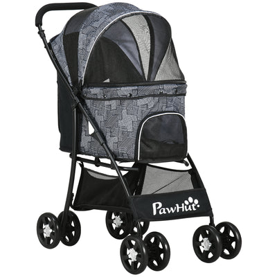 PawHut Foldable Pet Stroller for Dogs, Puppy Stroller, with Large Carriage, Brakes, Canopy - Grey 