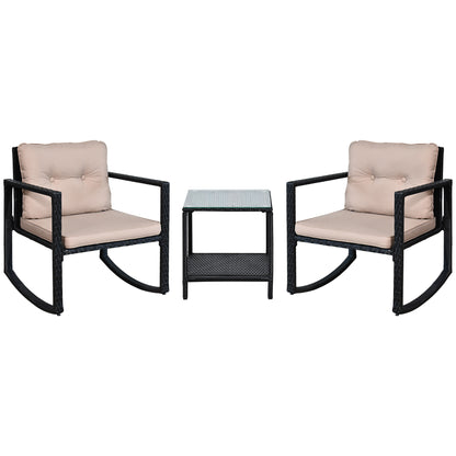 Outsunny 3 Pieces Rattan Garden Rocking Chair Set, Outdoor Rocking Bistro Set w/ 2 Cushioned Armchair and Glass Top Two-tier Coffee Table, Black 