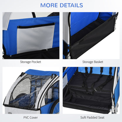 HOMCOM 2 Seat Bike Trailer Bicycle wagon for Kids Child Steel Frame Safety Harness Seat Carrier Hitch Coupler Blue White 130 x 76 x 88 cm 