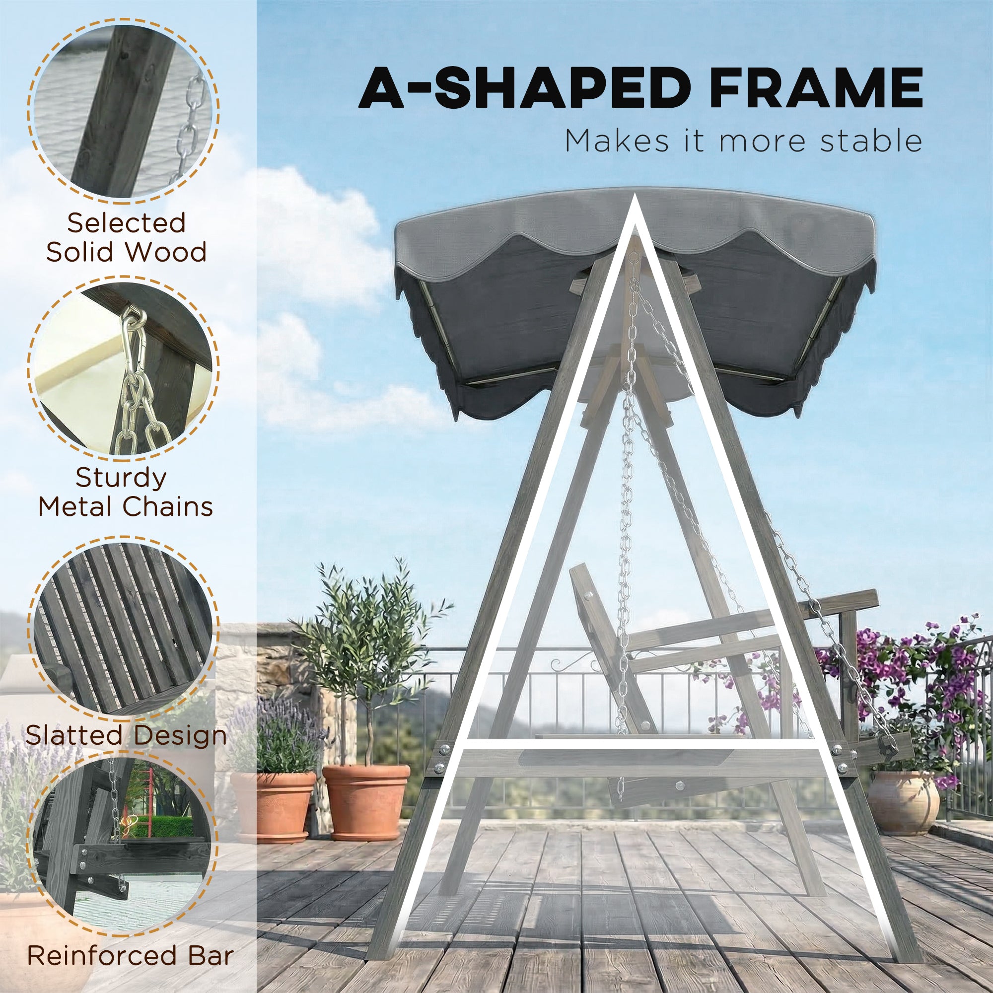 Outsunny 3 Seater Garden Swing Seat with Canopy, Wooden Swing Chair, Outdoor Hammock Bench for Balcony Patio Porch, Grey 