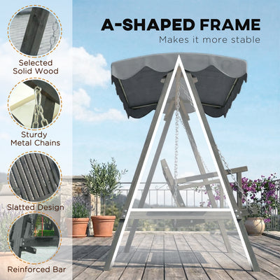 Outsunny 3 Seater Garden Swing Seat with Canopy, Wooden Swing Chair, Outdoor Hammock Bench for Balcony Patio Porch, Grey 