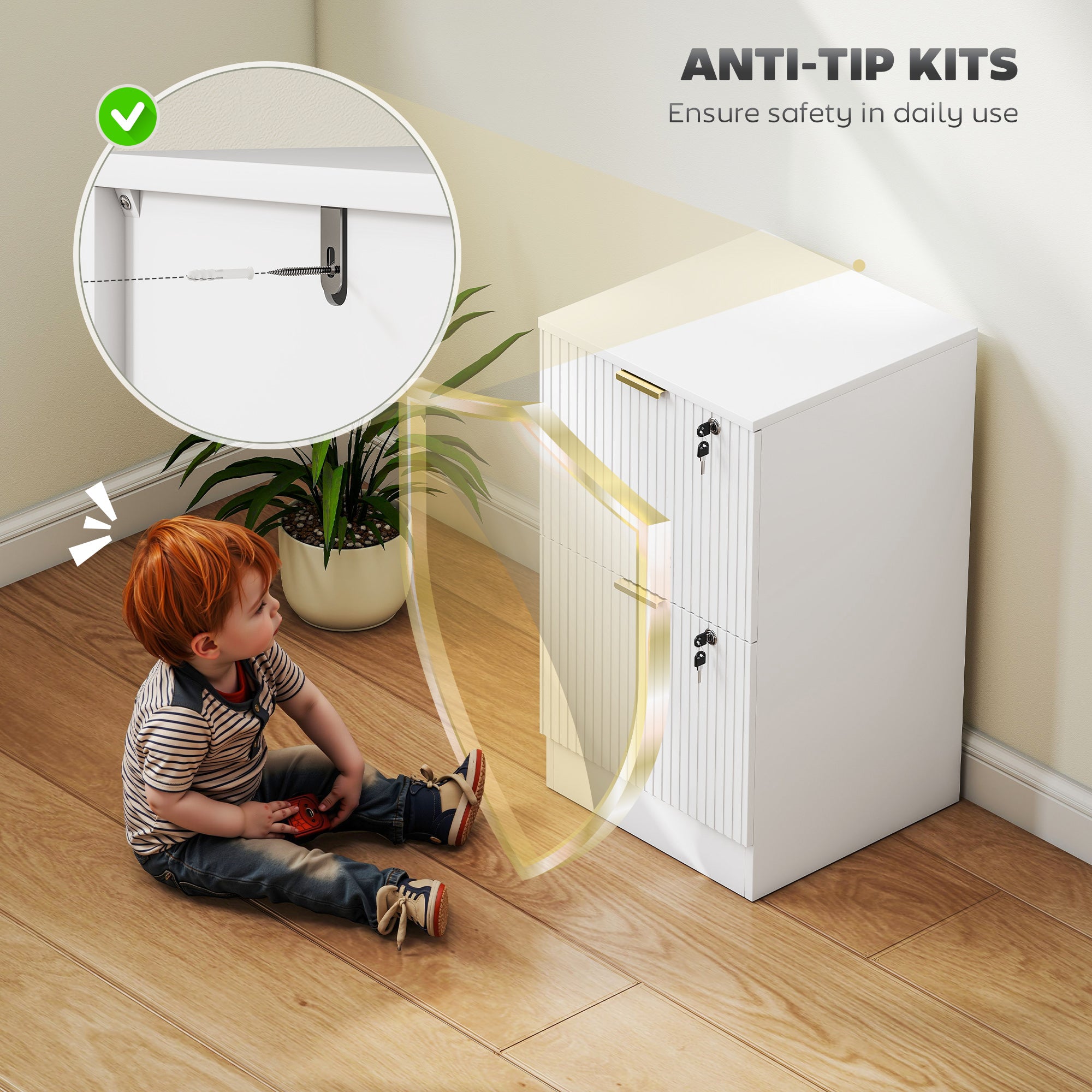 HOMCOM Filing Cabinet, Fluted Vertical File Cabinet with 2 Lockable Drawers and Hanging Rails, White 