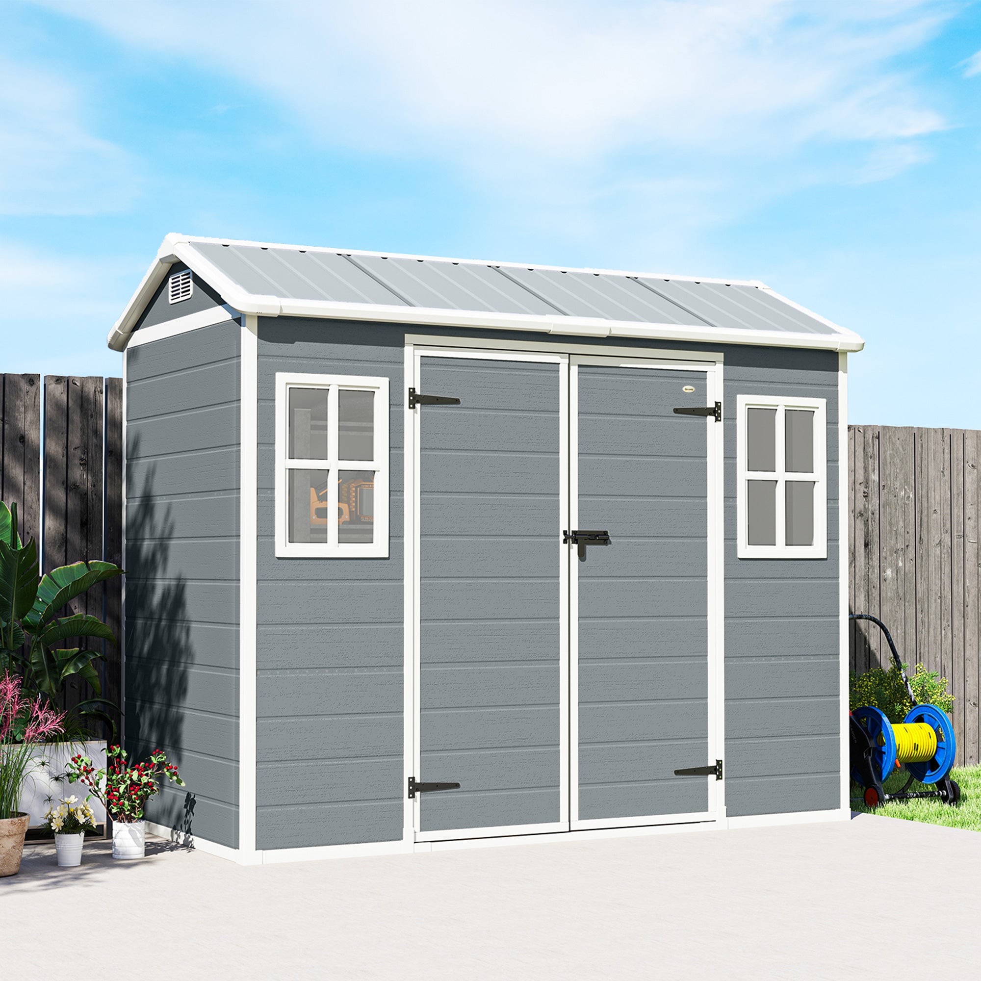 Outsunny 8 x 4 ft Resin Garden Shed, Wood-Effect Outdoor Storage Shed with Floor, Windows, Lockable Doors and Vents, Light Grey 
