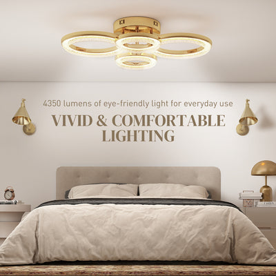 HOMCOM LED Ceiling Light, Modern Dimmable 4 Rings Ceiling Lamp with Wall Switch, 40W 4350lm Flush Mount Ceiling Light with 3500K/4500K/6000K Colour Temperatures for Living Room, Bedroom, Gold Tone 