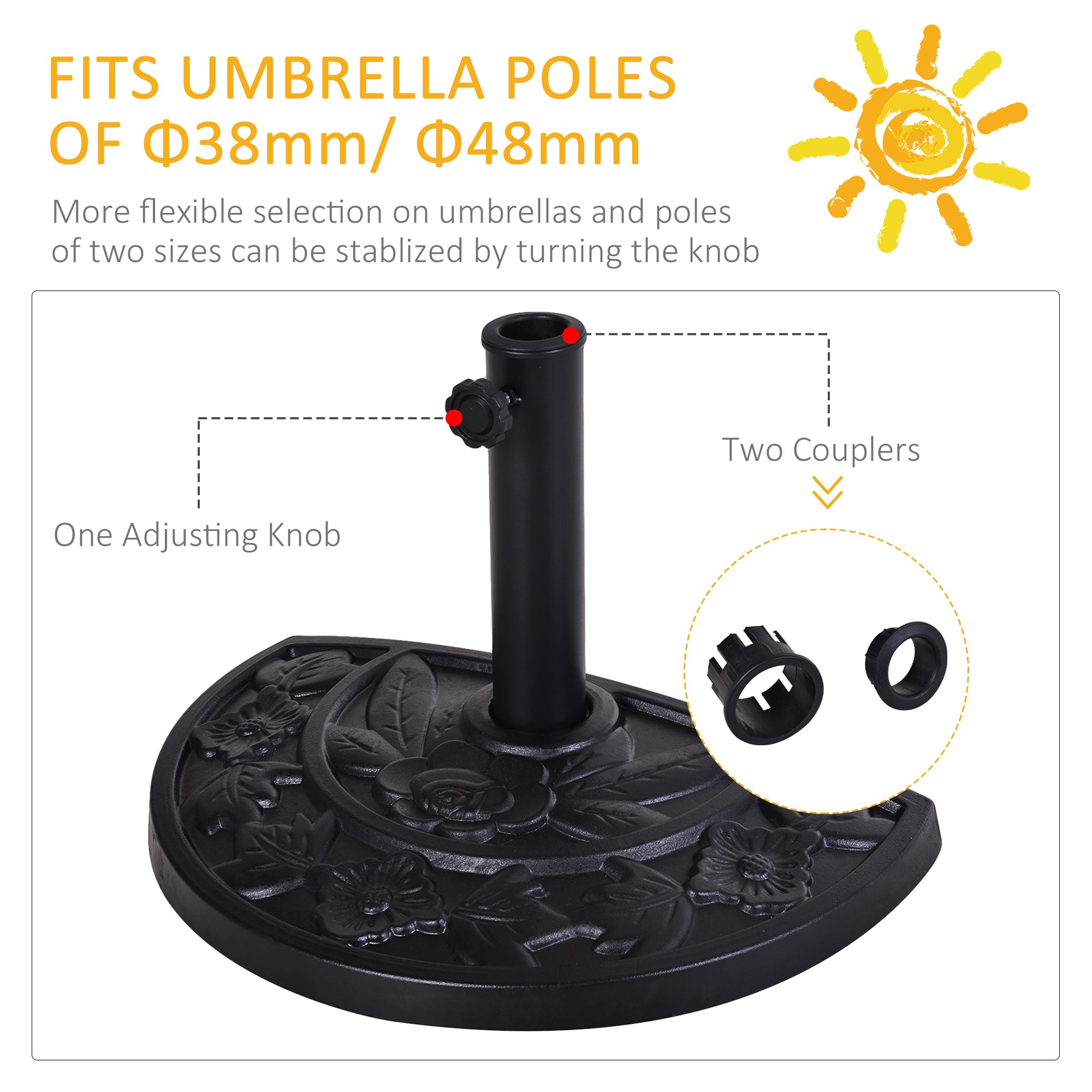 Outsunny 9kg Resin Parasol Base, Half Round Umbrella Stand with Floral Design for Garden, Outdoor, Suitable Umbrella Rod: \'ce\'a63.8cm, \'ce\'a64.8cm, Black
