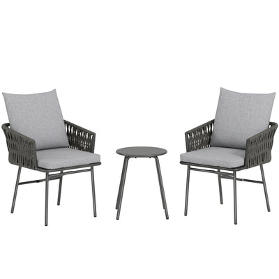 Outsunny 3-Piece Rattan Bistro Set, Garden Table and Chairs with 4 Cushions, Patio Rattan Conversation Furniture Set for Balcony, Porch, Terrace, Grey 