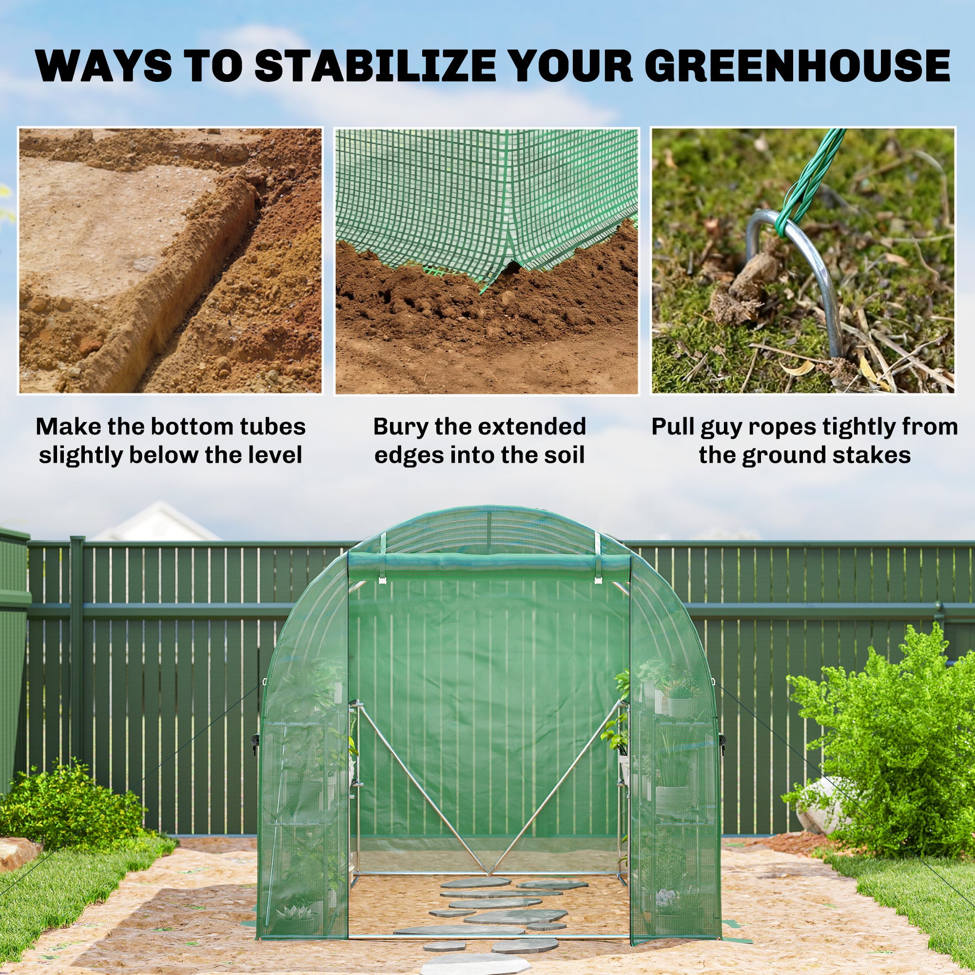 Outsunny Walk-in Greenhouse with Shelves, Polytunnel Greenhouse with Roll-Up Door, 6 Mesh Windows,198 x 275 x 191 cm, Green 