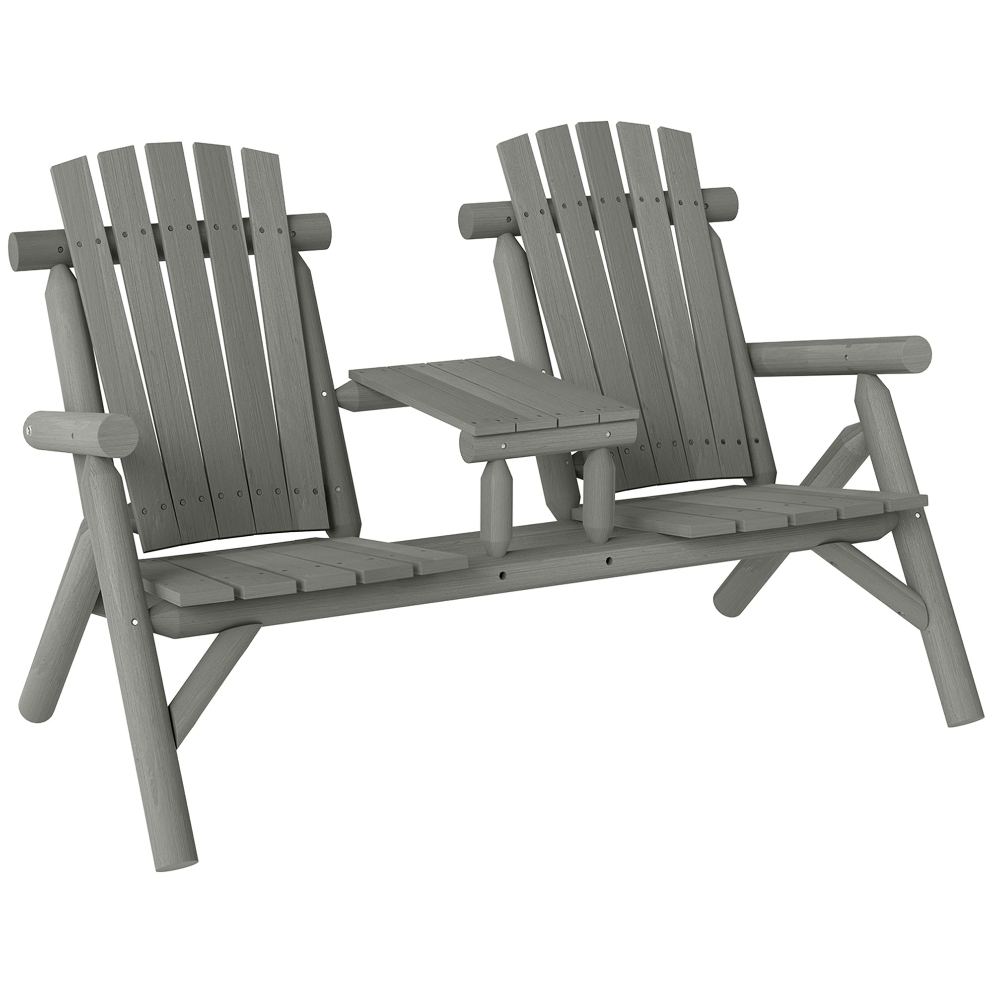 Outsunny Wood Patio Chair Bench 2 Seats w/ Centre Coffee Table, Garden Bench, Grey 