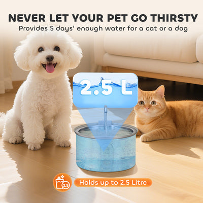 PawHut 2.5L Stainless Steel Cat Water Fountain for Drinking with Ultra-Silent Pump, Water-Level Window, Filters 