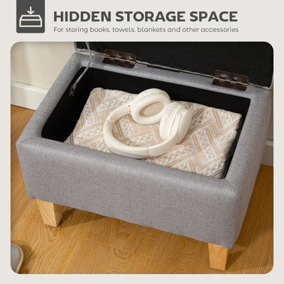 HOMCOM 16L Linen Storage Ottoman Padded Footstool with Rubberwood Legs for Storage Box, Bed End, Shoe Bench, Seating, Light Grey 