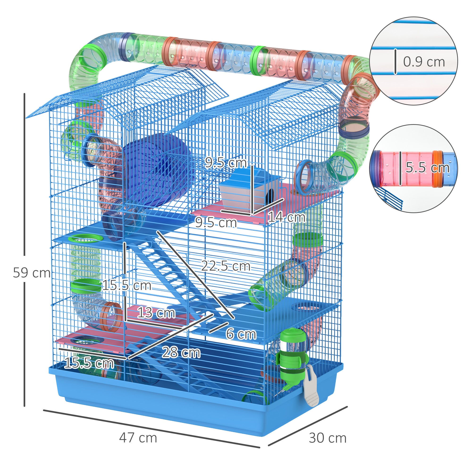 PawHut 5 Tier Hamster Cage Carrier Habitat with Exercise Wheels Tunnel Tube Water Bottle Dishes House Ladder for Dwarf Mice, Blue 