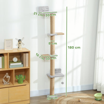 PawHut Wall Mounted Cat Shelves, Cat Climbing Wall with 4 Climbing Platforms, Jute Scratching Post and Toy Ball,180cm Tall, Light Grey 