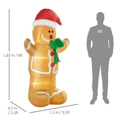 HOMCOM 6ft Christmas Inflatable Gingerbread Man & Santa Hat Safe Outdoor Decoration w/ LED Lights Accessories 