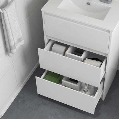 kleankin 600mm Bathroom Vanity Unit with Basin and Single Tap Hole, High Gloss White Floor Standing Bathroom Sink Unit with 2 Drawers 