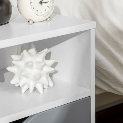 HOMCOM Set of 2 Modern Bedside Tables with Shelves, Drawers and Wood Legs, 36.8cm x 33cm x 43.8cm, White and Grey 