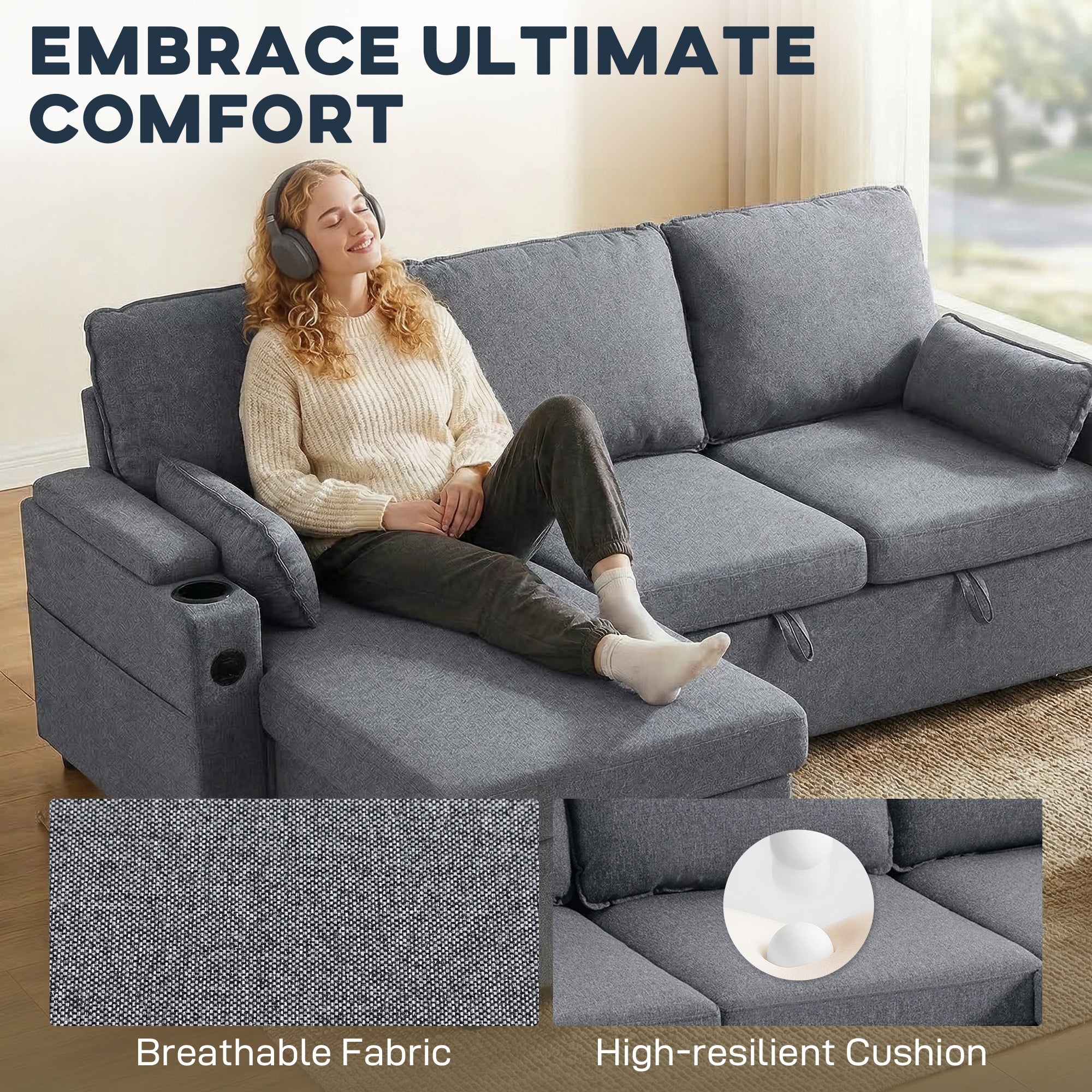 HOMCOM Corner Sofa Bed, L Shaped Sleeper Sectional Sofa with Reversible Storage Chaise, Grey 