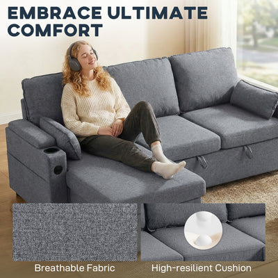 HOMCOM Corner Sofa Bed, L Shaped Sleeper Sectional Sofa with Reversible Storage Chaise, Grey 