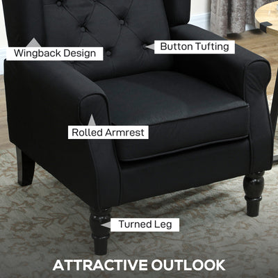 HOMCOM Retro Accent Chair, Linen Wingback Armchair with Wood Frame Button Tufted Design for Living Room Bedroom, Black 