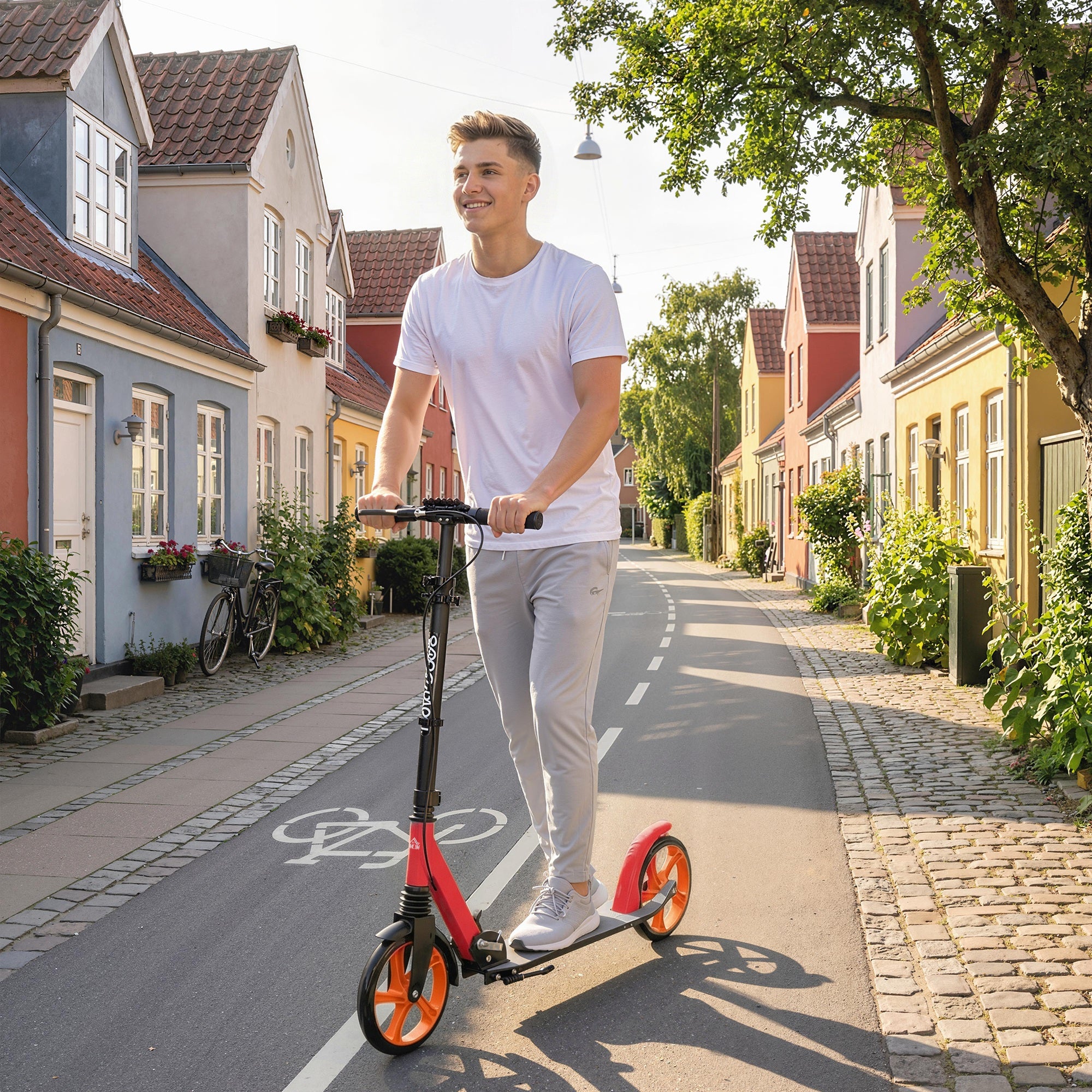 HOMCOM One-click Folding Kick Scooter for 14+ w/ Adjustable Handlebar, Push Scooter with Kickstand, Dual Brake System, Red 