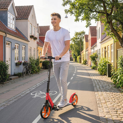 HOMCOM One-click Folding Kick Scooter for 14+ w/ Adjustable Handlebar, Push Scooter with Kickstand, Dual Brake System, Red 