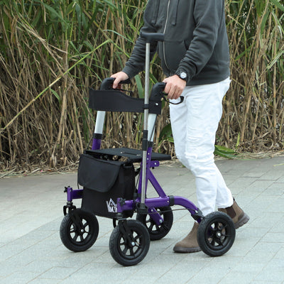 HOMCOM Folding Rollator Walker with Seat, Backrest, Lightweight Walking Frame with Storage Bag, Dual Brakes, All-terrain Wheels, Adjustable Handle Height, 4 Wheeled Walker for Seniors, Purple 