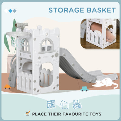 AIYAPLAY 4 in 1 Toddler Slide with Basketball Hoop, Climber, Telescope, Storage Basket, for Ages 1-3 Years, Grey 