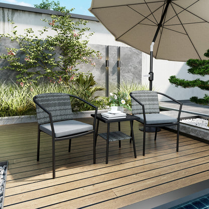 Outsunny 3 Pieces Rattan Bistro Set with Cushions, Wicker Garden Furniture Set, Glass Top Coffee Table and Chairs for Outdoor Patio, Balcony, Terrace and Conservatory, Grey 