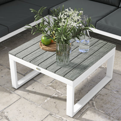 Outsunny 4 Pieces Patio Garden Set with 5-Level Recline Corner Sofa, Outdoor Garden Lounge Sectional Conversation Sofa Set with Cushions, Wood Grain Plastic Table, White  Frame Grey Cushion 
