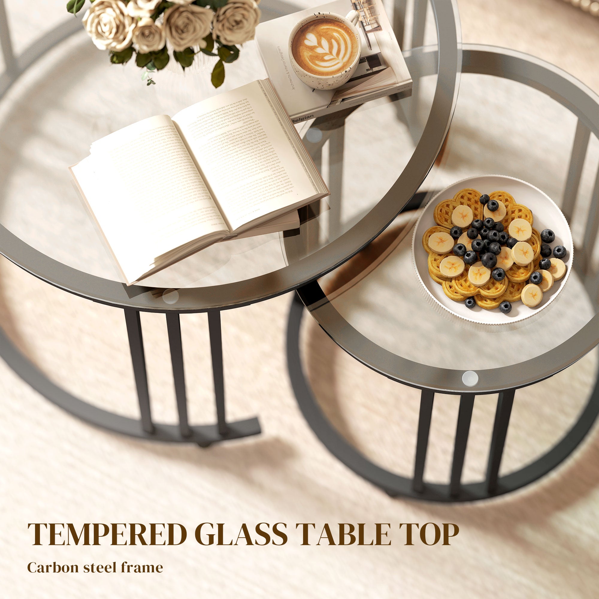 HOMCOM Round Coffee Tables Set of 2, Nesting Tables with Tempered Glass Top and Steel Frame, Black 