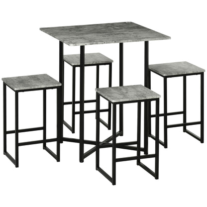 HOMCOM 5pc Bar Table Set, Square Dining Table Set for 4 People, Home Kitchen Breakfast Bar Set with Steel Frame and Footrest, Concrete Grey 