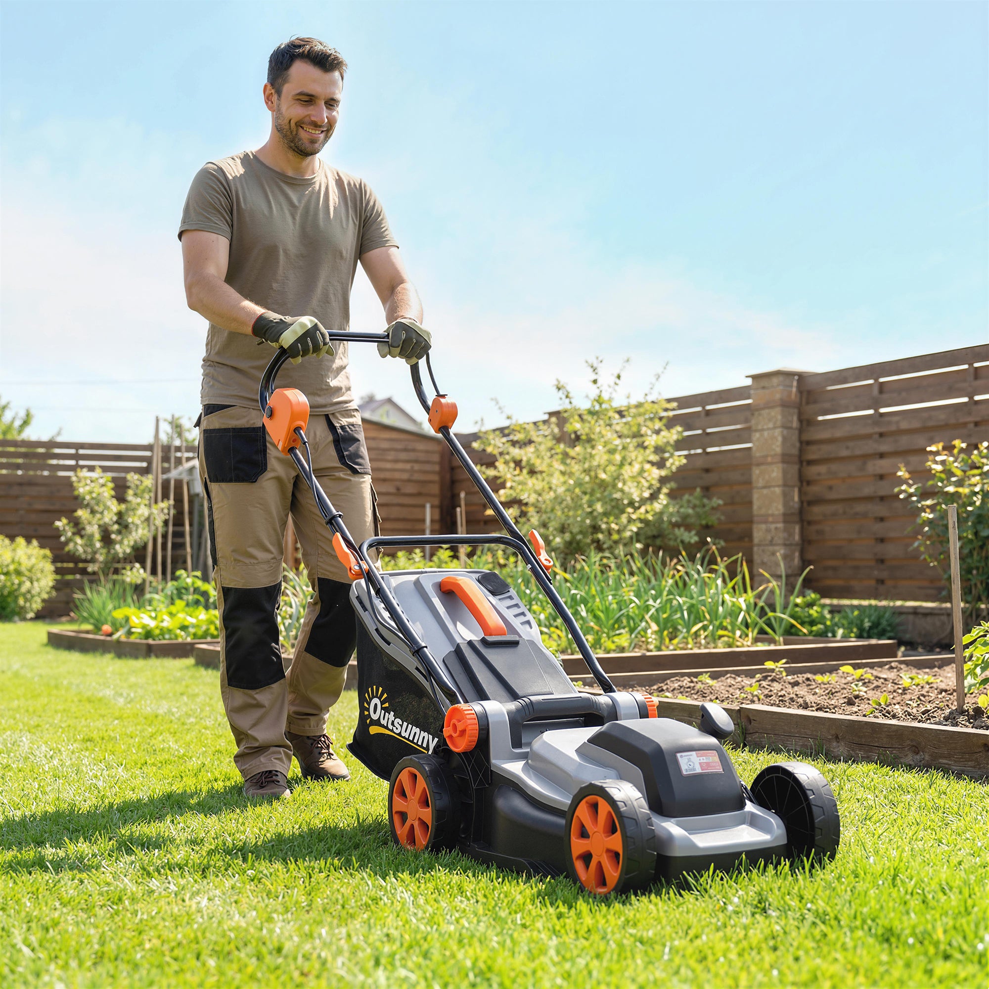 Outsunny 18V Cordless Lawnmower with 2 x 4Ah Batteries, Battery Lawn Mower with 34cm Cutting Width, Mulching Feature 