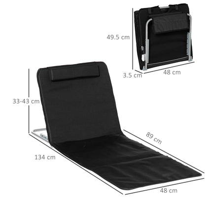 Outsunny Set of 2 Foldable Garden Beach Chair Mat Lightweight Outdoor Sun Lounger Seats Adjustable Back Metal Frame PE Fabric Head Pillow w/ Carry Bag, Black