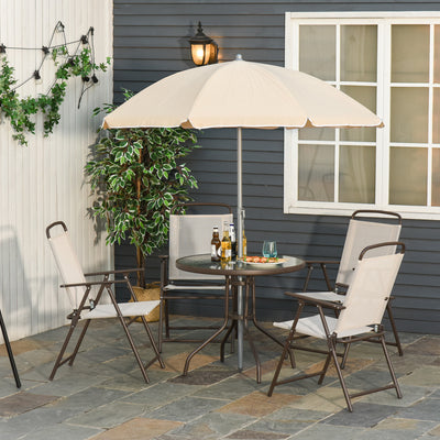 Outsunny Garden Patio Texteline Folding Chairs Plus Table and Parasol Furniture Bistro Set 6 Pieces - Coffee/Cream 