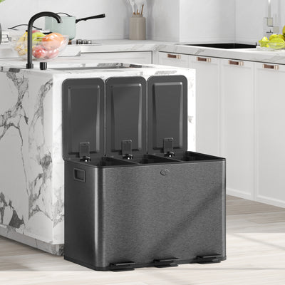 HOMCOM 3 x 20L Pedal Bin, Steel Triple Kitchen Bin with Soft Close Lid, Removable Inner Buckets, Fingerprint-Proof, Black 