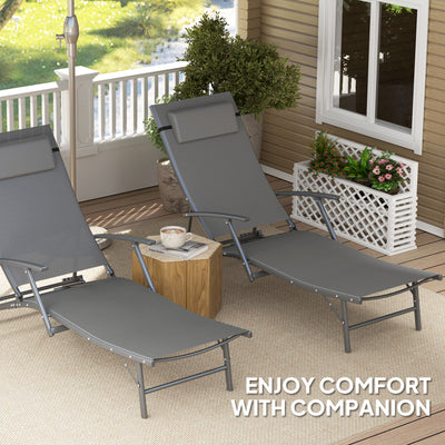 Outsunny Set of 2 Folding Sun Loungers for Garden, 4 Positions Adjustable Outdoor Chaise Lounge Chairs with Armrests, Pillows, Steel Frame, Sunbed Recliners for Patio, Beach and Poolside, Grey 