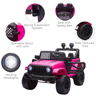 HOMCOM Kids Electric Ride On Car 12V Off Road Toy with Parental Remote Control 2 Motors Horn Lights Suspension Wheels for 3-6 Years Old Pink 