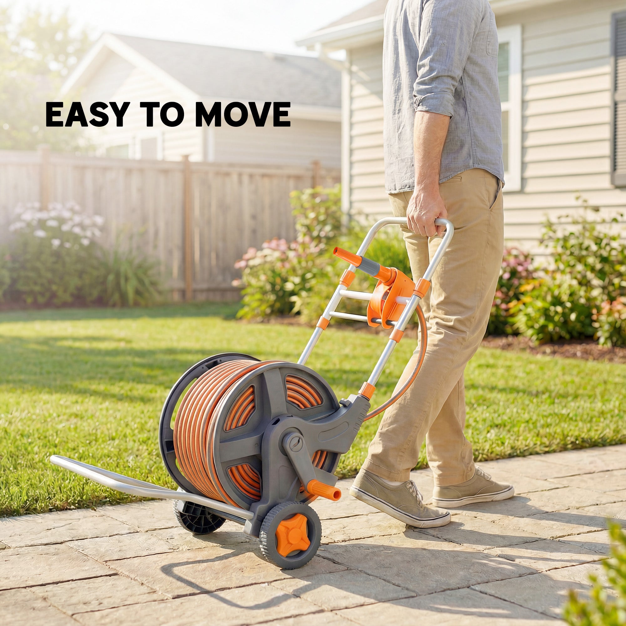 Outsunny Hose Reel Cart with Wheels, 45+2m Garden Hose Reel with 2 Patterns Nozzle, Faucet Adaptors and Rewind Handle, Orange 