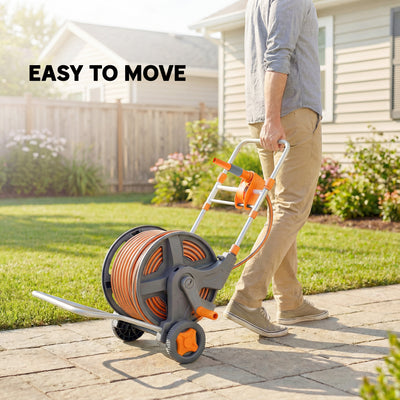 Outsunny Hose Reel Cart with Wheels, 45+2m Garden Hose Reel with 2 Patterns Nozzle, Faucet Adaptors and Rewind Handle, Orange 