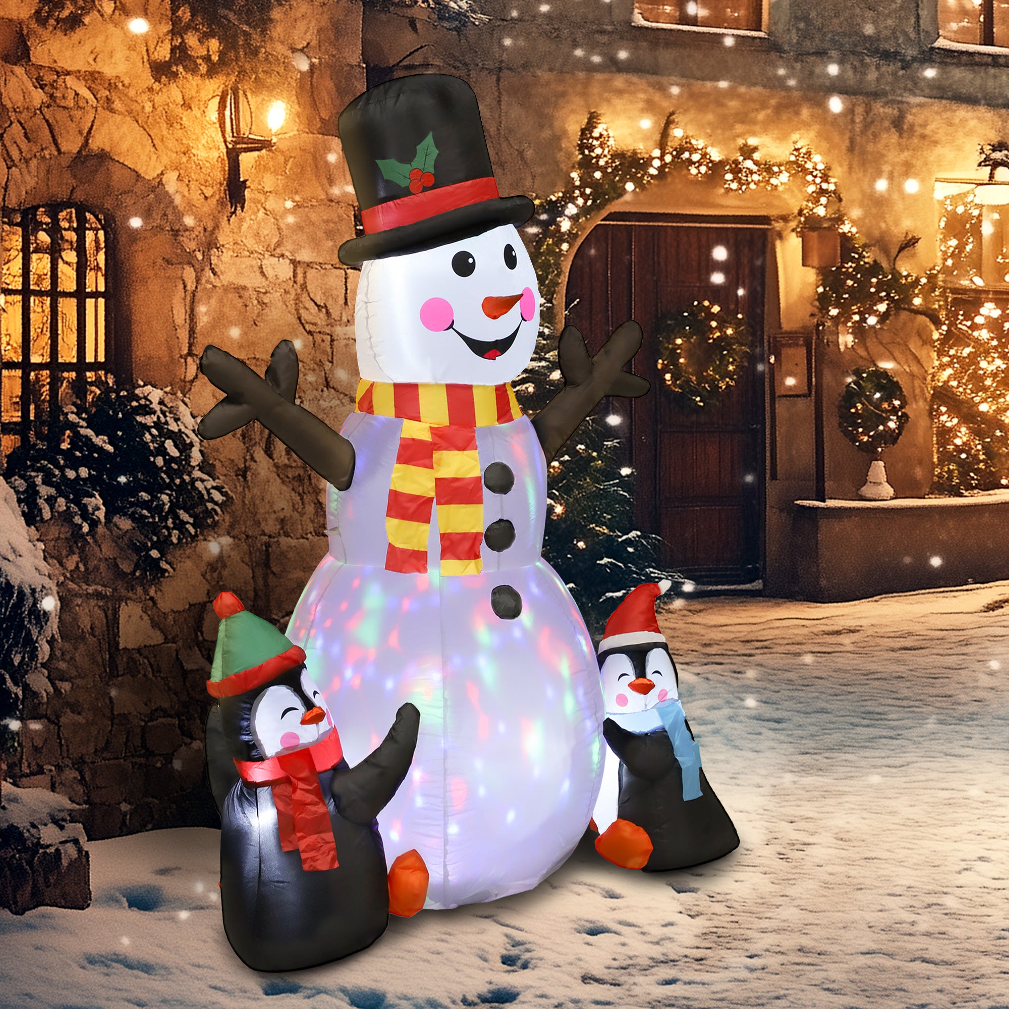 Outsunny 6FT Christmas Inflatables Snowman & Penguins with Built-in LED Lights and Flashing Projector Light, Blow Up Christmas Inflatable Decoration for Indoor Outdoor Decor, Garden 