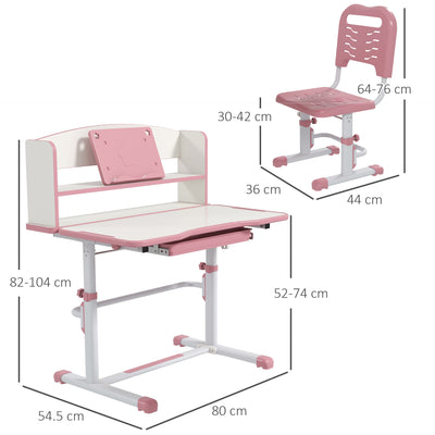 ZONEKIZ Height Adjustable Kids Study Table and Chair Set, with Drawer, Storage Shelf, 80 x 54.5 x 104 cm, Pink 