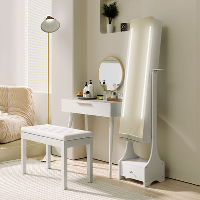 HOMCOM Jewellery Cabinet, Full Length Mirror with Storage, Free Standing Mirror with LED Lights, Hooks, Drawer and Hairdryer Holder for Bedroom, White 